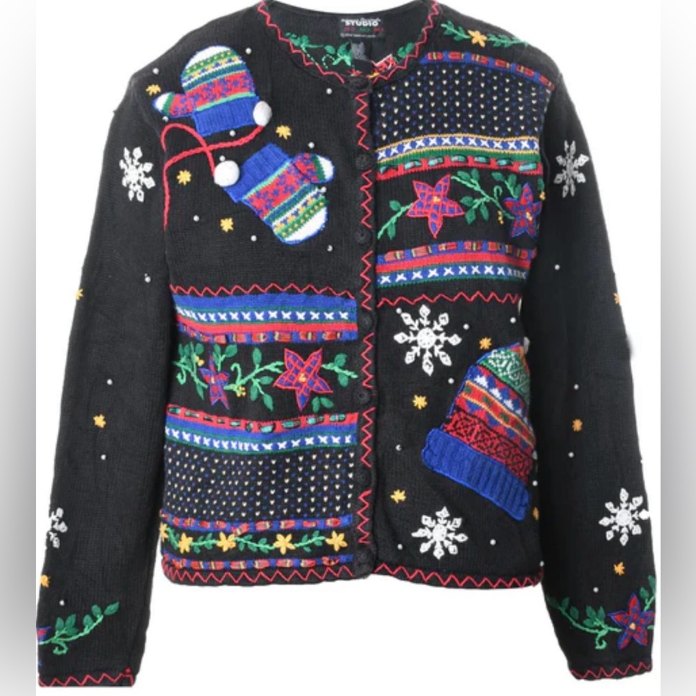 RETRO DESIGN WINTER HOLIDAY WOMEN’S BLACK CARDIGAN size S